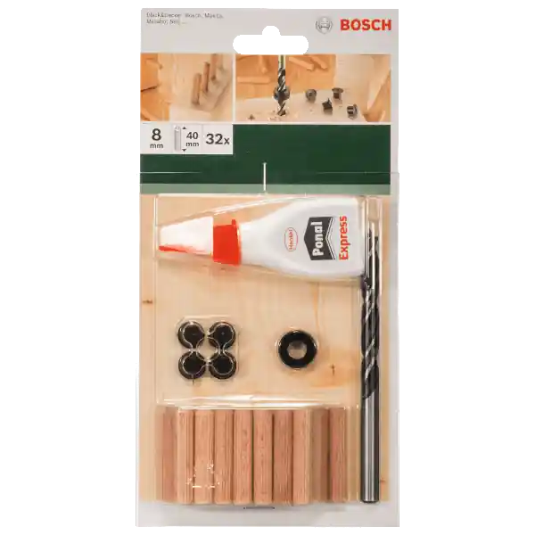 Bosch 32részes 8mm-es fatipli készlet fúrószárral ragasztóval Pénzvisszafizetés