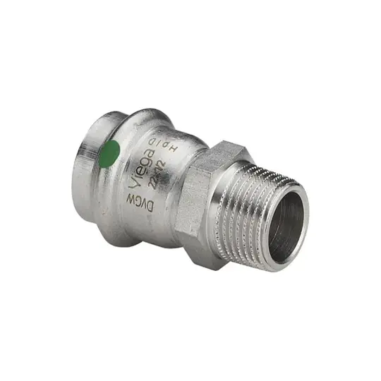 Viega Sanpress Inox átmeneti csatlakozó külső menetes idom, 15 - 1/2 KM, préselhető, SC-Contur, rm. acél Pénzvisszafizetés